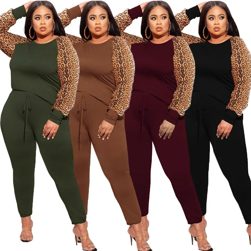

Fast Shipping Fall Clothing Lounge Wear Cheetah Leopard Print Colored Outfit Crew Neck Long Sleeve 2 Piece Pants Set