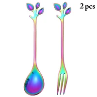 2 pcs three tine fork spoon set stainless steel fruit salad fork dessert ice cream spoon with leaf decor christmas gifts