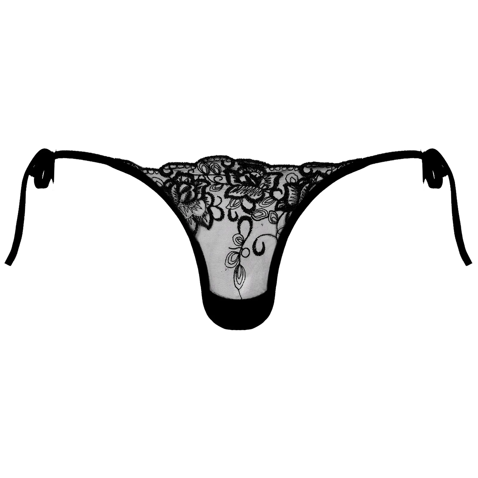 

Men Sexy Underwear See-through Mesh Embroidered Thongs Low Waist Lace-up G-string Sissy Briefs Underpants T-back Lingerie