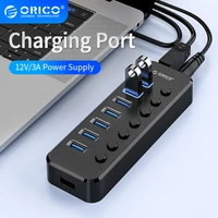 orico powered usb 3 0 hub 7 4 ports data extension with 1 charging port and individual onoff switches 12v power adapter for pc