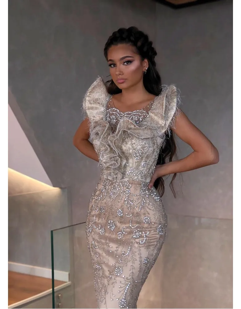 2020 Luxury Feather Mermaid Prom Dresses With Detachable Train Beaded Lace Applique Evening Gowns Robes
