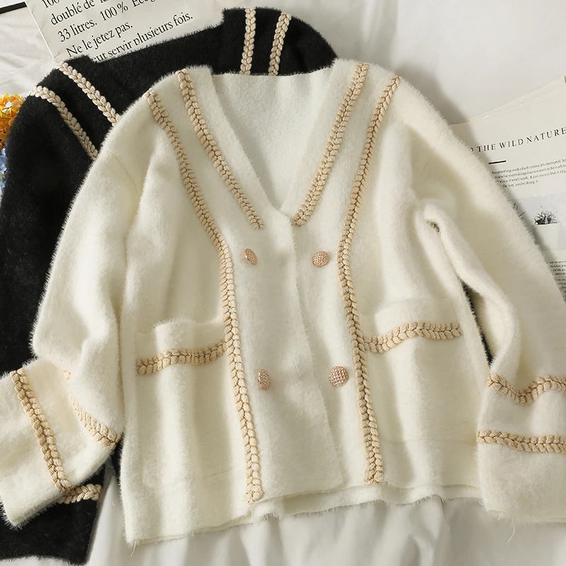 

Knit Cardigan Women Autumn Stripe Hemming V-Neck Long Sleeve Loose Sweater Elegant Ladies Tops Outwear