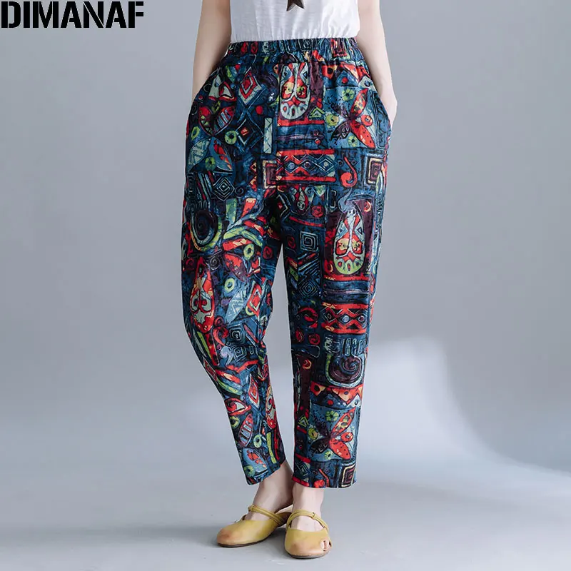 

Женские льняные шаровары DIMANAF, винтажные свободные брюки с принтом и поясом на резинке, штаны большого размера, 2020