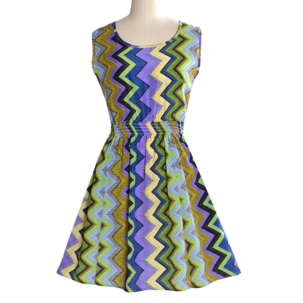 

Flower Plaid Geometric Print Women Elastic Waist Summer Beach Chiffon Sundress Elegant Round Neck Sundress Vestidos