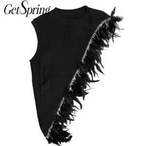 Жилет Getspring женский асимметричный, вязаный жилет в стиле пэчворк с перьями, черный, белый, на осень-зиму, 2020