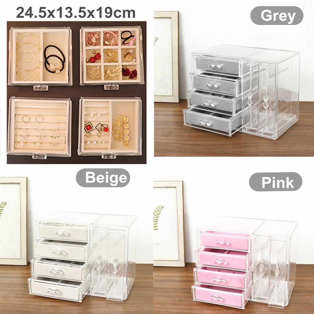

4-layer acrylic jewelry storage box + 2 earring racks, necklace rack, bracelet, ring storage box, dustproof