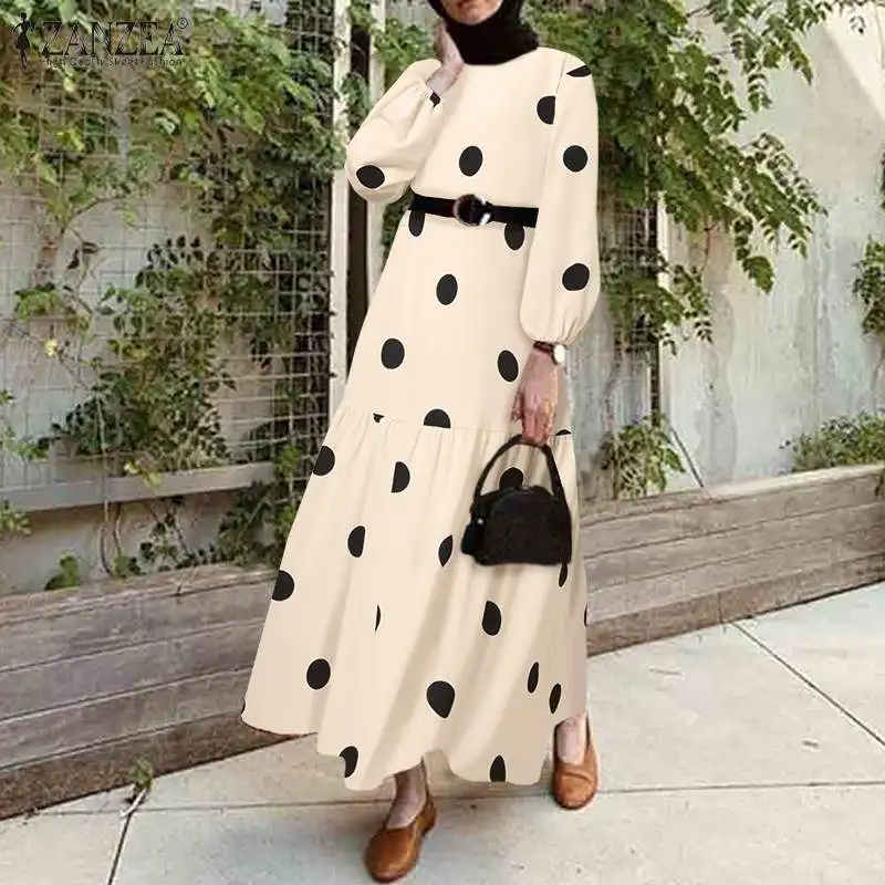 ZANZEA женское Дубай, Турция абайя хиджаб платье мусульманская одежда Caftan Marocain Eid Mubarek винтажное мусульманское платье в горошек