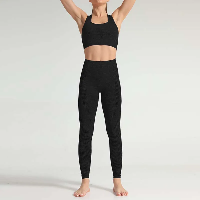 

NORMOV Seamless Women Sets Solid O Neck Backless Bras And High Waist Push Up Trousers Suit Workout Femme Sets