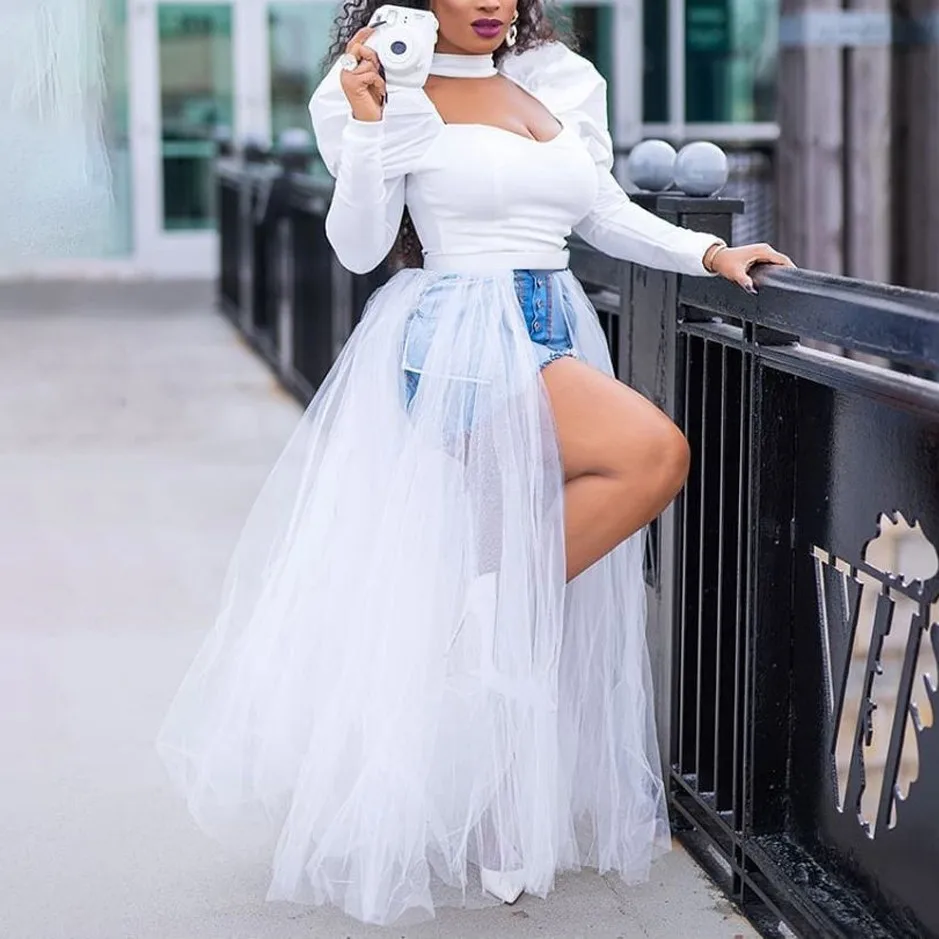 Белая юбка из тюля сетчатая с эластичной резинкой на талии женская летняя черная