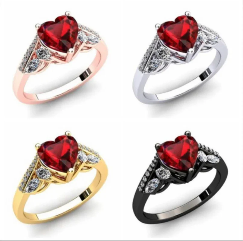 

Popular 4 Colors Red Heart Love Inlaid Full Zirconia Crystal Gold Color Zinc Alloy Female Ring for Women Party Jewelry