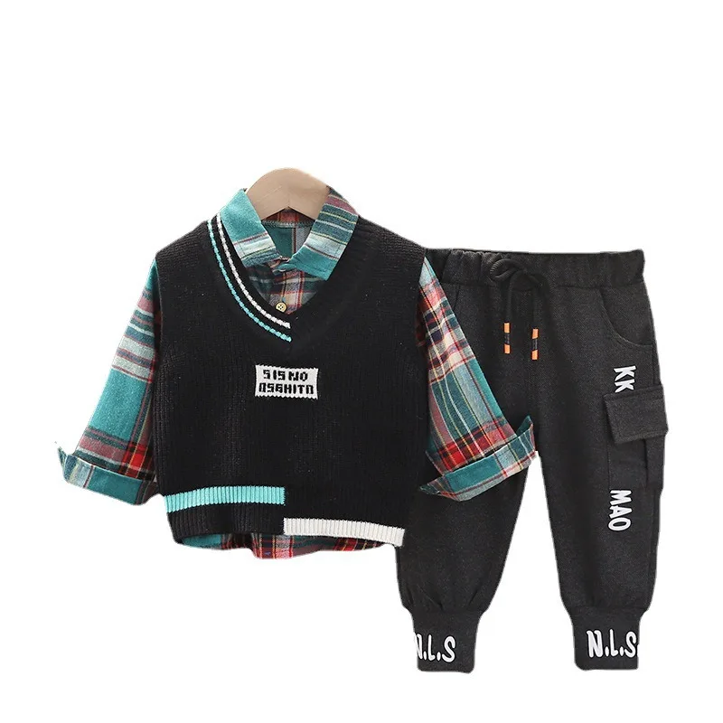 

New Spring Autumn Children Clothes Baby Boys Girl Vest Plaid Shirt Pants 3Pcs/sets Kids Infant Clothing Toddler Casual Tracksuit
