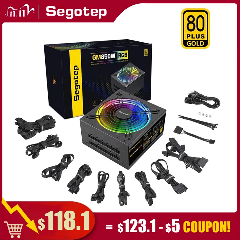 

Segotep PC Power Supply 850W Fully Modular 80+ Gold Certified RGB Power Supply PWM 140mm Fan ATX PSU Computer Power Supply Gamer