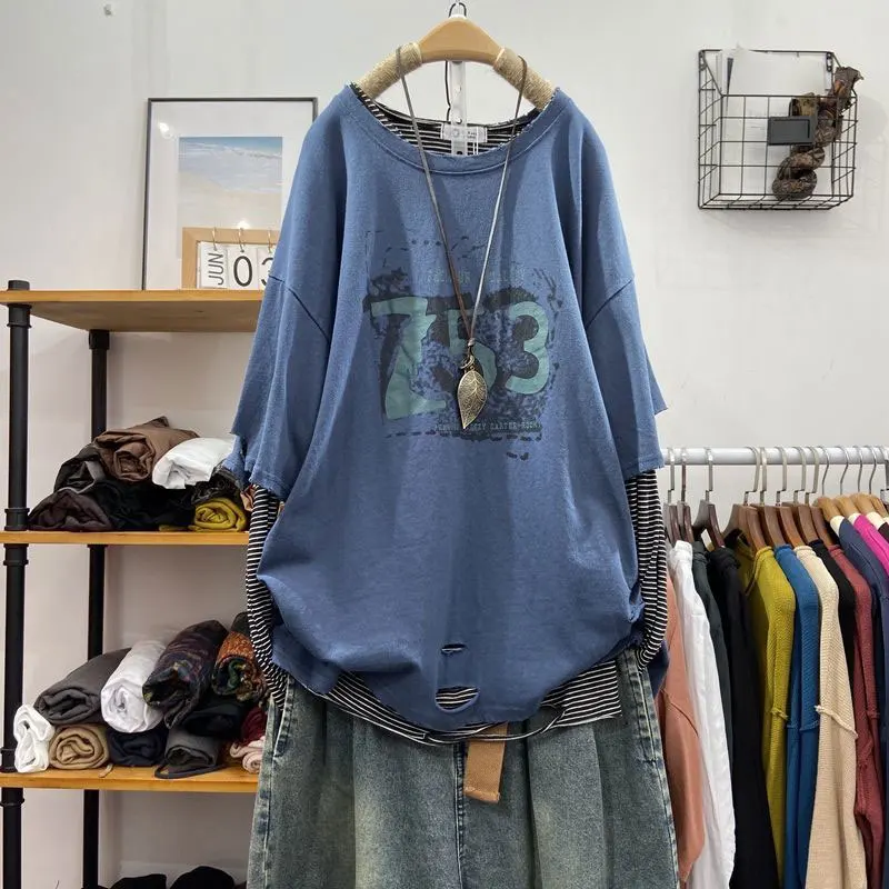 Женская футболка с коротким рукавом круглым вырезом и принтом из натурального