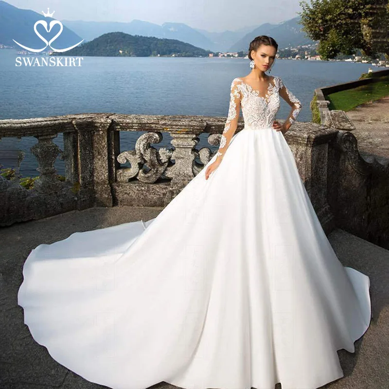 Слоновая кость Swanskirt Совок атласные свадебные платья аппликации с длинным рукавом трапециевидной формы Часовня Поезд платье для невесты принцессы Vestido de Noiva I140 - Цвет: Слоновая кость