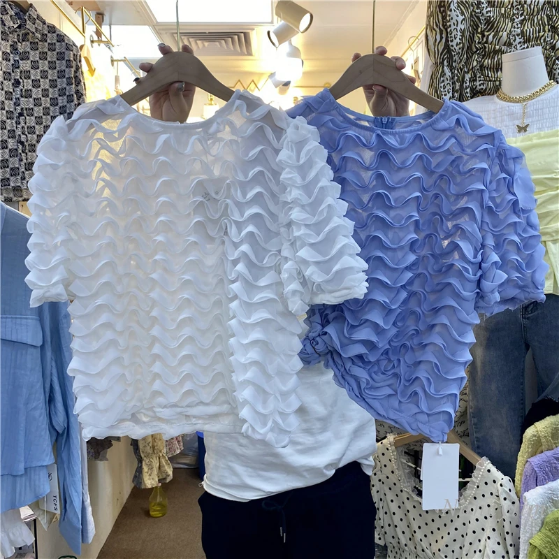 

Pullover Blouses Womans New Korean Style All-Match Micro Transparent Ripple Lace Shirt 2021 Spring and Summer Lady Tops Slim