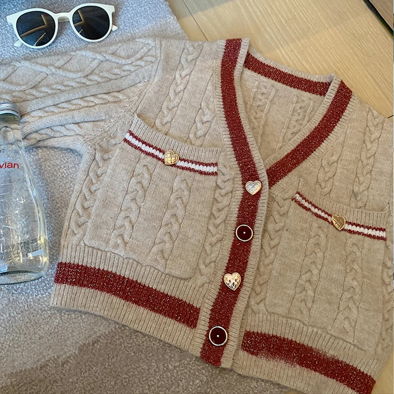 

v-neck single breasted elegant fashion patchwork all-match cardigan winter thicken soft short chic streetwear termperament top