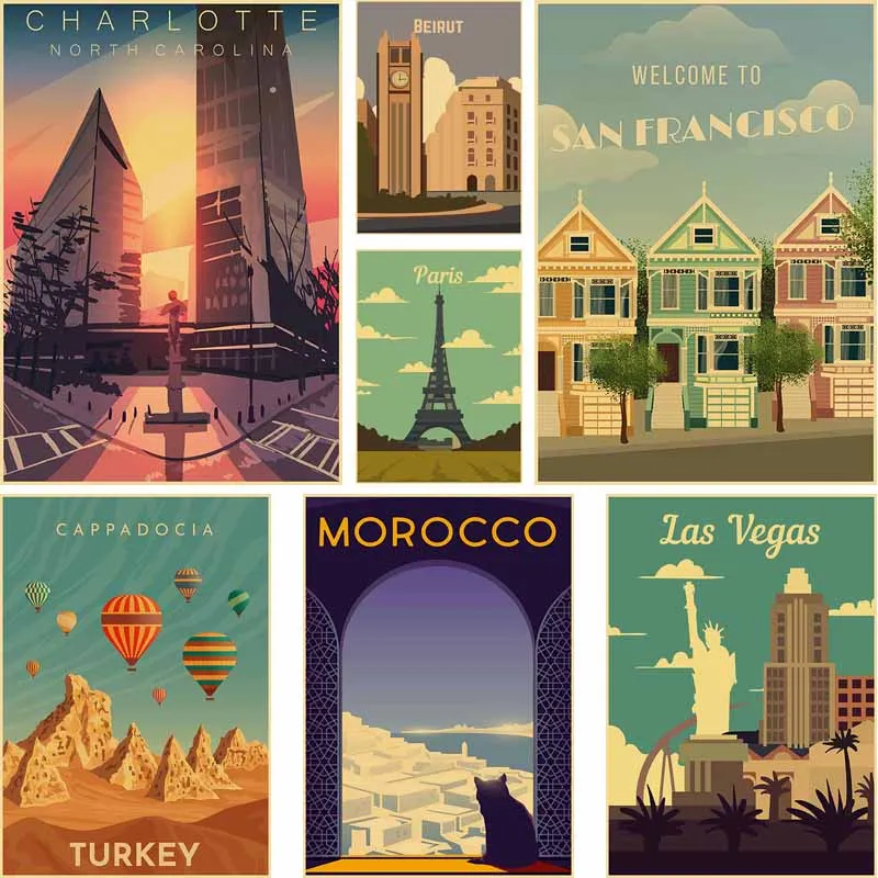Плакаты из мультфильма туристический город минималистичные постеры в