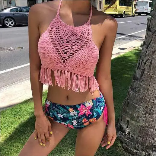 

Knitting Short Fringed Vest Crochet Top Tank Women Beach Bra Pink