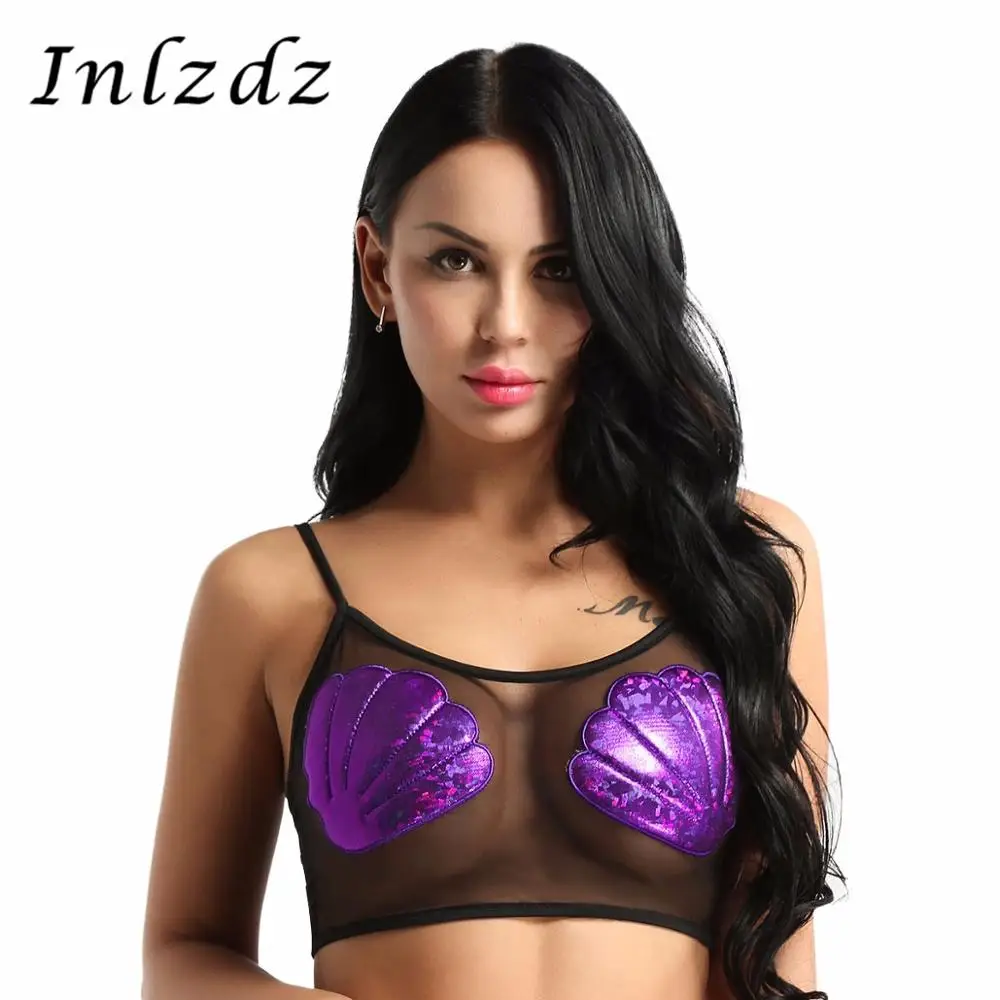 

Женская Праздничная майка на тонких бретелях, прозрачная одежда для вечеринок, сетчатая майка с морскими ракушками русалки, короткий топ, с...