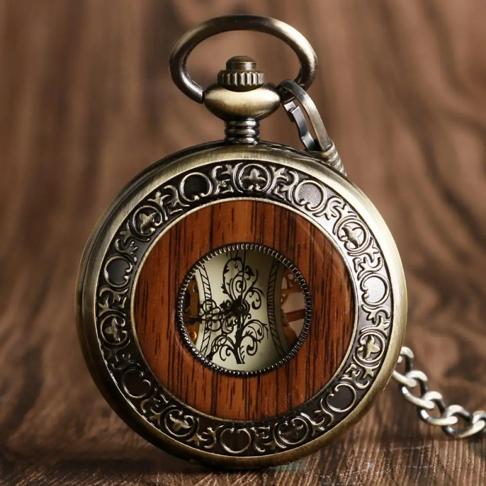 

Solid Wood Mechanical Pocket Watch Men Carving Flower Dial Wooden Clock Hollow Steampunk Skeleton Pendant Chain Pocket Watches