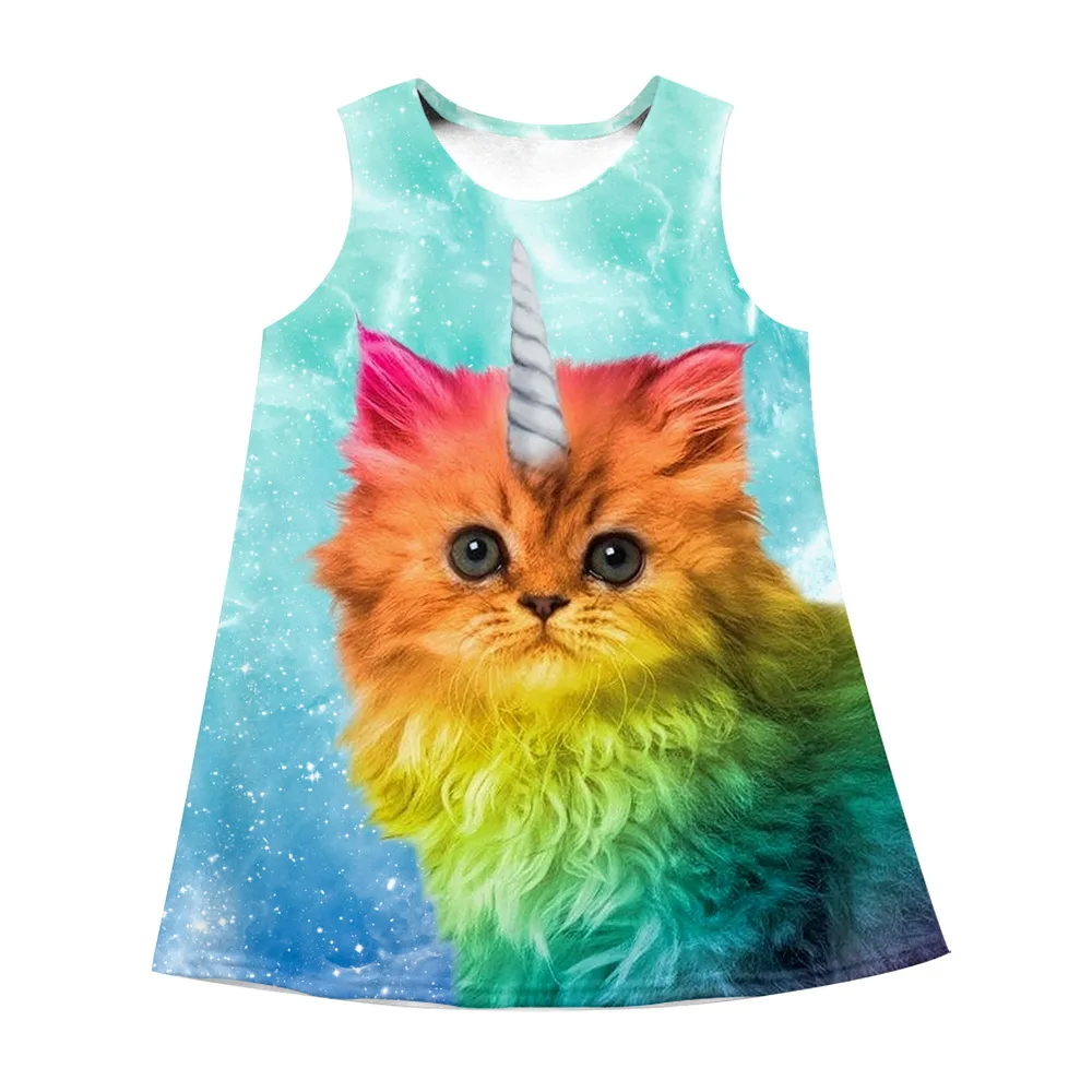 Летнее милое платье для девочек с принтом кошки повседневные Детские платья