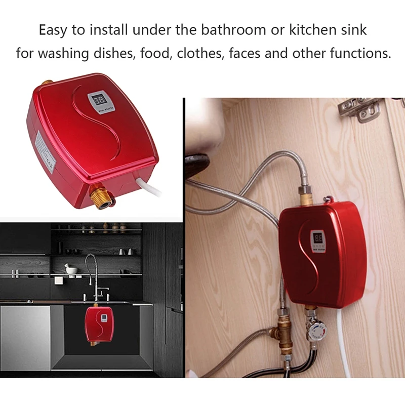 

3800W Mini Electric Water Heater Instant Heating LED Display Electric Hot Water Heater Leakage Protection Kitchen EU Plug Red