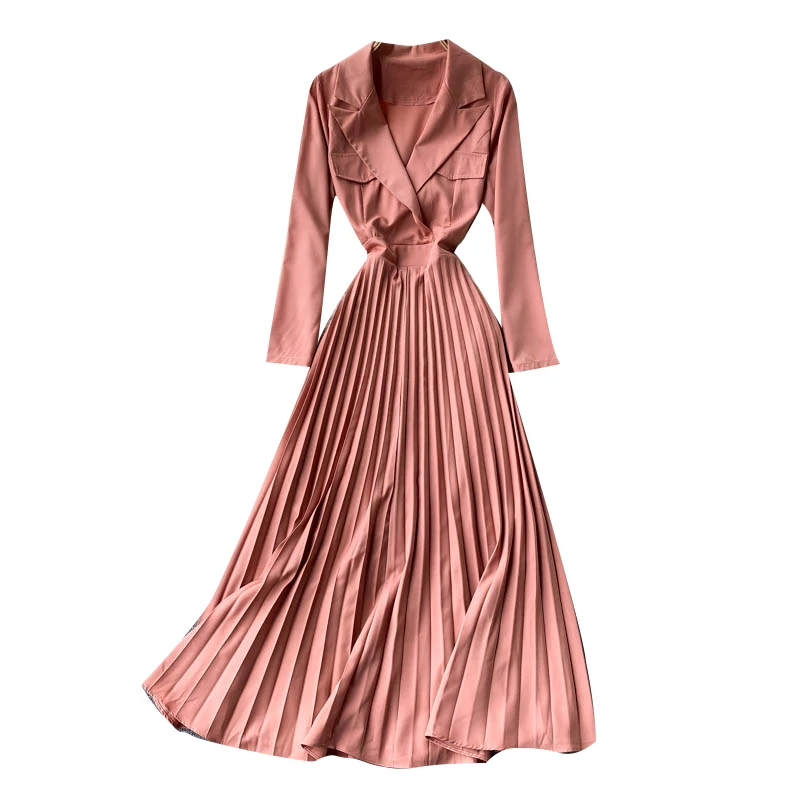 

Spring And Summer Women's Pleated Dress Elegant Lady V-Neck Green Long-Sleeved Commuter Suit Collar Vintage Dress Femme Robe