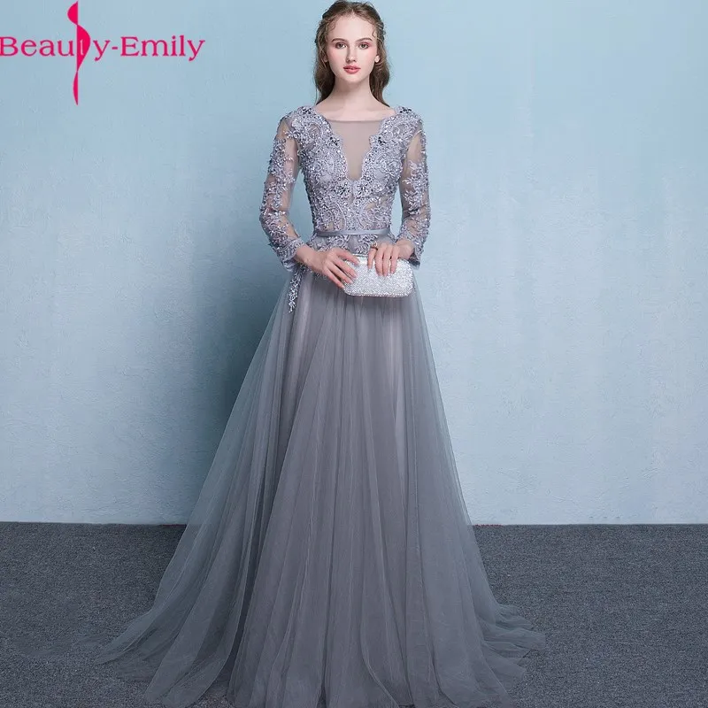 Женское вечернее платье в пол Beauty Emily серое длинное с круглым вырезом и бусинами