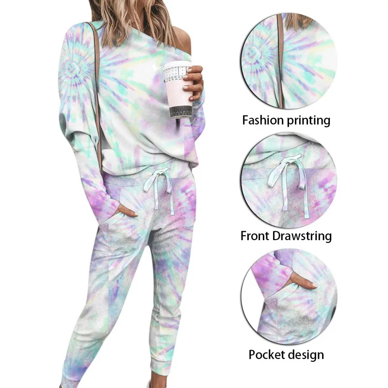 

2020 New Women Print Tracksuit Two-piece Set Long Sleeve Loose Top Elastic Waist Pants Fashion Homewear