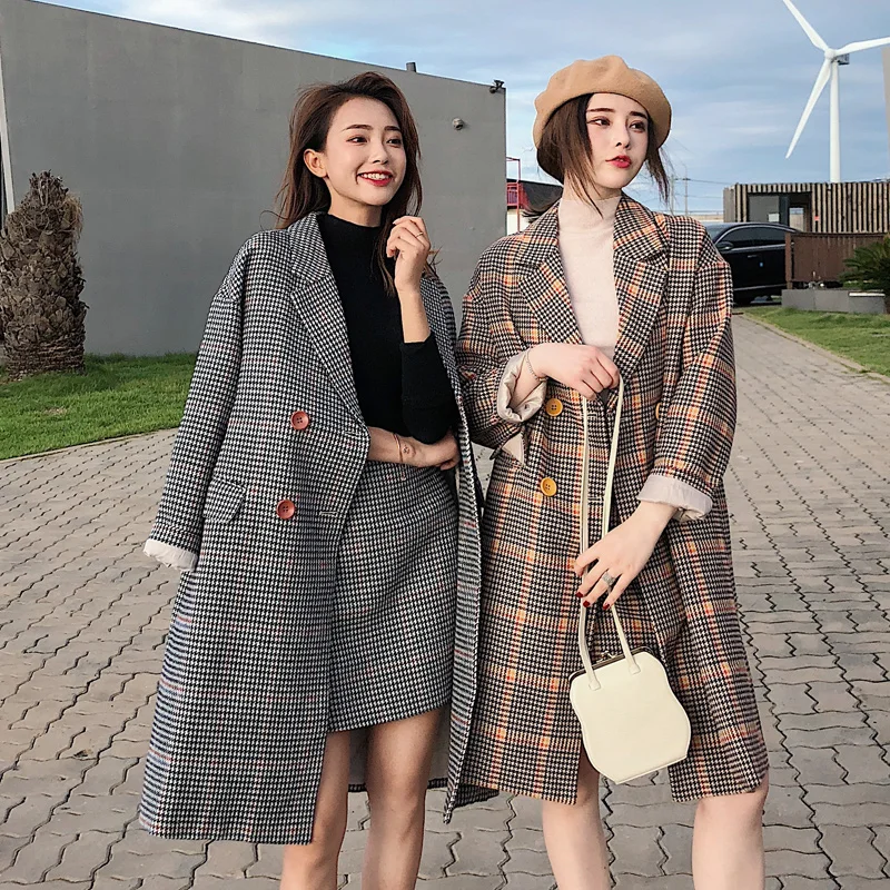 

U-SWEAR Autumn Winter 2020 New Vintage Plaid Woolen Overcoat Suit Skirt Elegant Female Woolen Coat Casual Casaco Feminino
