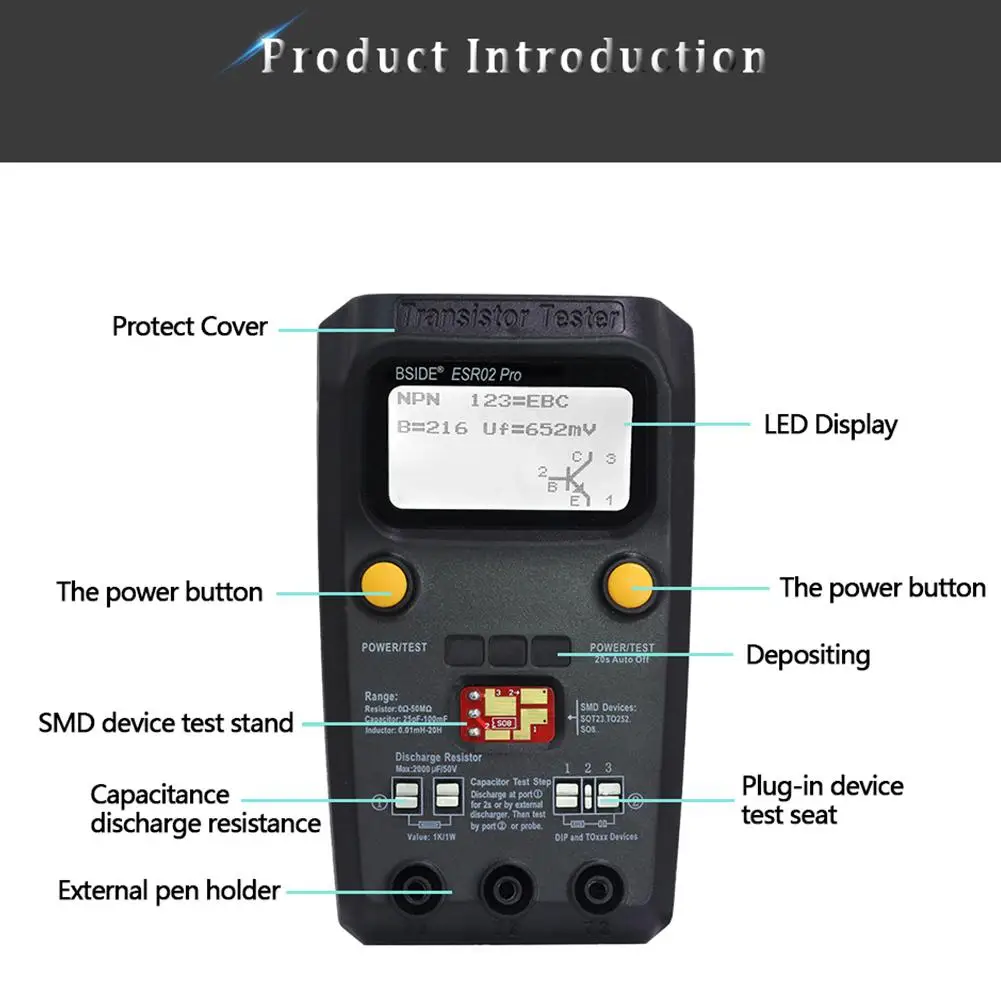 Многоцелевой тестер транзисторов BSIDE ESR02 pro измеритель емкости диодов триодов