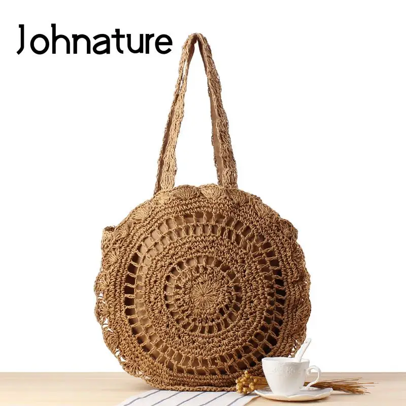 

Женская круглая вязаная сумка Johnature, ажурная пляжная сумка на плечо ручной работы, в богемном стиле, 2022