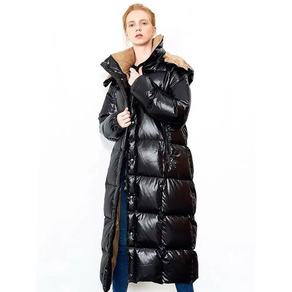 

Глянцевое черное пуховое Женское зимнее пальто 2021 с высоким воротником, с капюшоном, свободное, длинное, толстое пальто выше колена