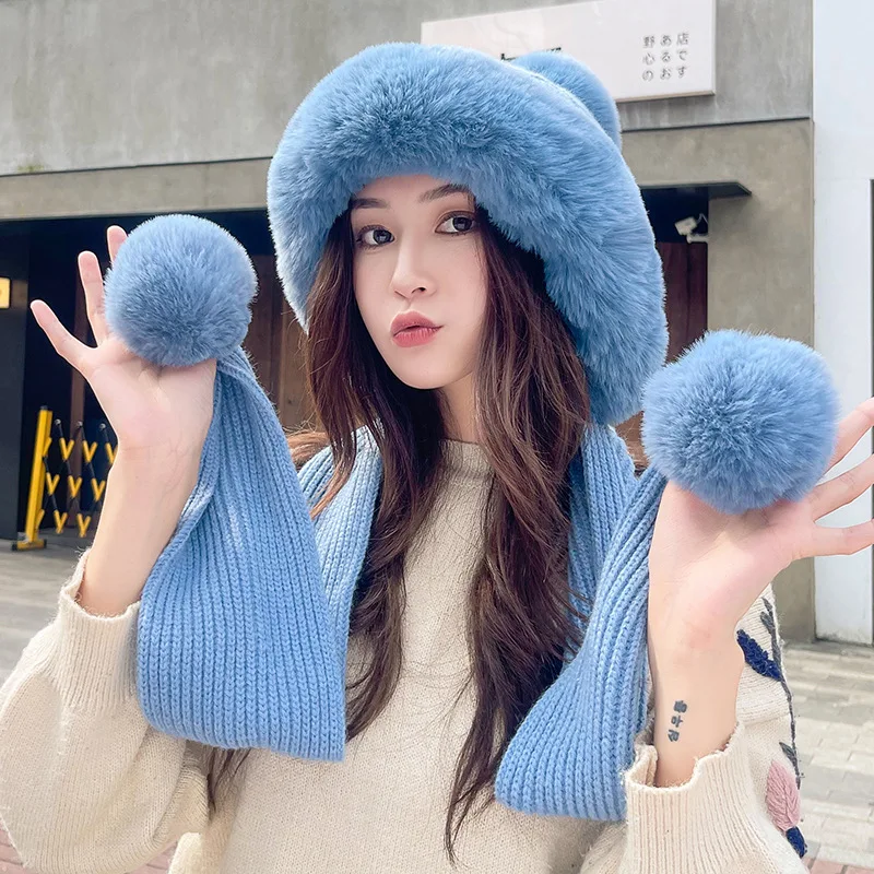Зимние женские меховые шапки защитные для ушей вязаные теплые пушистые плюшевые