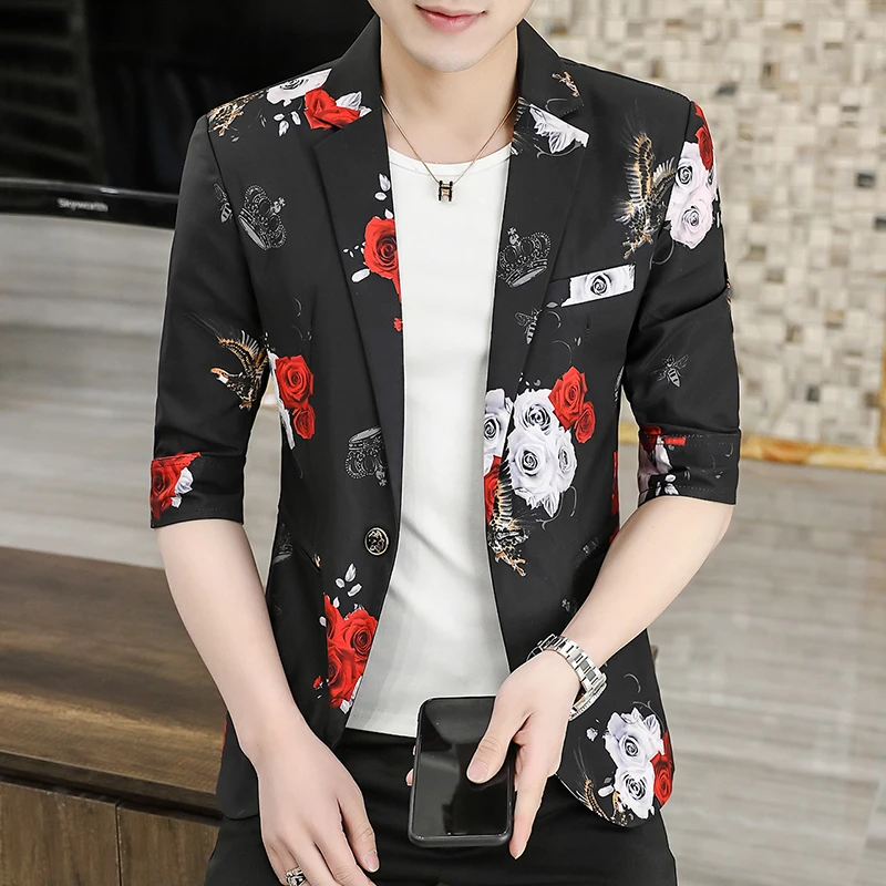 

Casual suit men thin seven-quarter sleeve summer short-sleeved jacket slim fit fashion puff handsome print mid-sleeved suit 7
