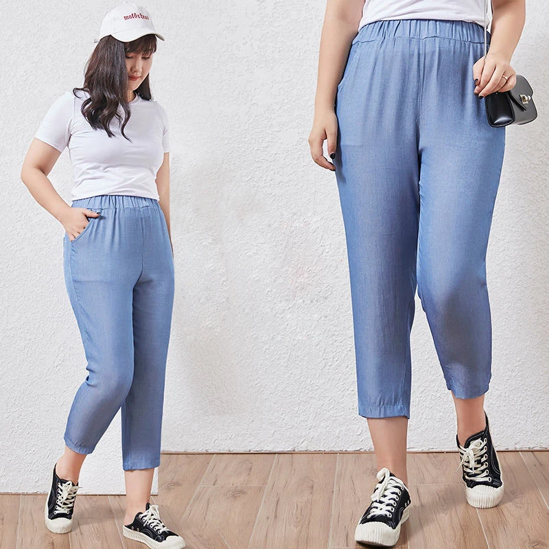 

Jeans Woman High Waist Softener Plus Size summer thinLoose Drawstring Mom Denim Feminino Calf-length Straigh Pants