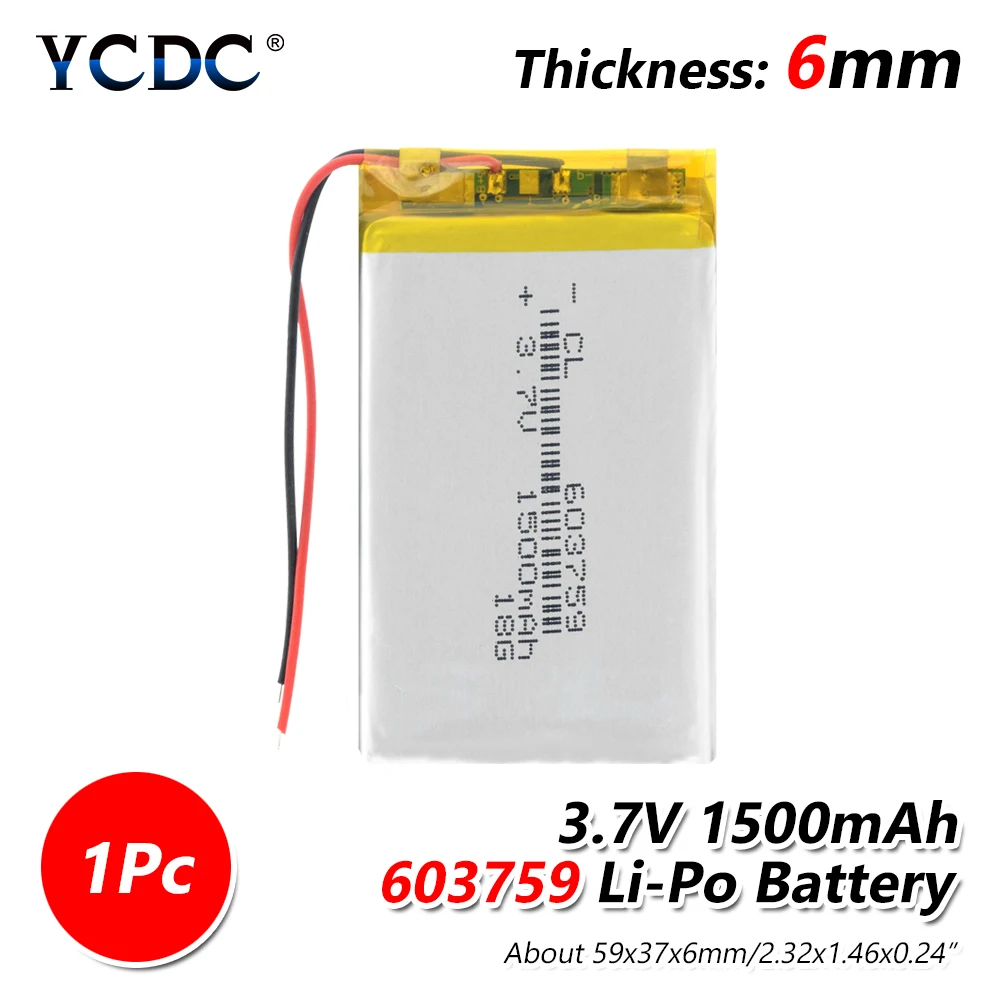 

Rechargeable 3.7V polymer lithium battery 603759 063759 1500mAh Battery With PCB For Toy MP3 MP4 GPS Speaker LED Light Camera