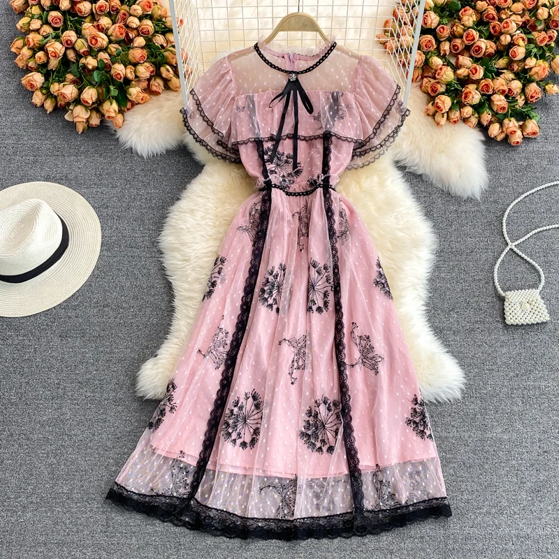 

Lady's Elegant Mesh Lace Patchwork Dress Woman Bow Neck Ruffled Sleeve Party Evening Dresses 2021 Summer Runway Vestidos M69970