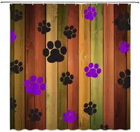 Dog Rustic Wooden Board Cute Pets Footprint Hand Drawn Paw Print Doodles Circular Pattern Bath Curtain