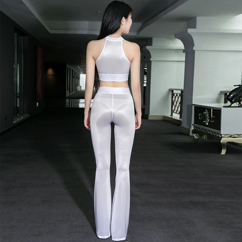 Прозрачный брючный костюм с расклешенными штанинами Блестящий жилет открытой