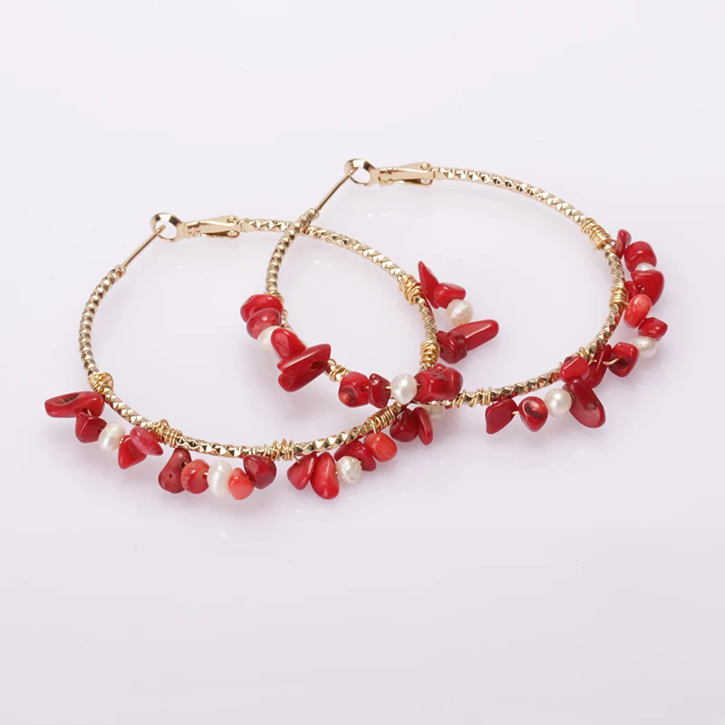 

5pairs/lot raw red coral stone beads and natural white freshwater pearl gold wire-wrapped charm hoop earrings for woman