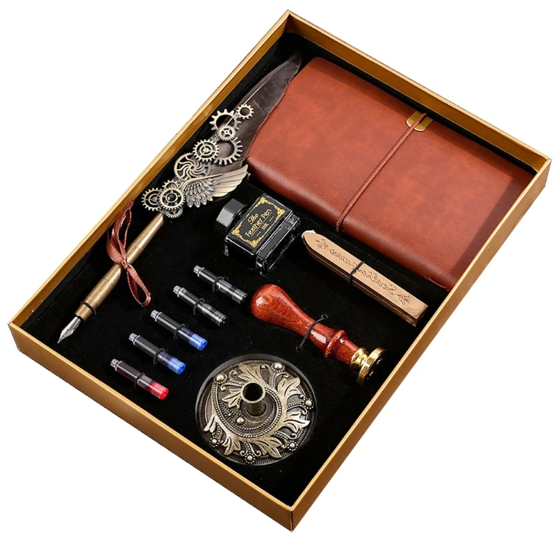 

Retro Feather Dip Pen Seal Stamp Wax Set with Ink Bag Ink Extraction Tube Pen M2EC
