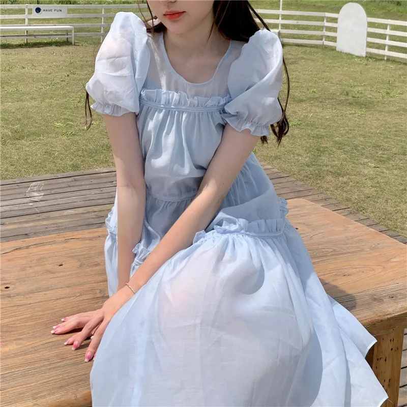 

Модные Элегантные повседневные женские платья в Корейском стиле, женское повседневное однотонное синее платье с круглым вырезом, шикарные летние платья с пышными рукавами