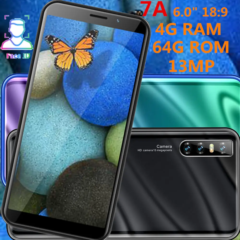 

7A 4G RAM 64G ROM Smartphones quad core 13MP cheap celulars face unlocked 6.0" IPS WCDMA android mobile phones Global version
