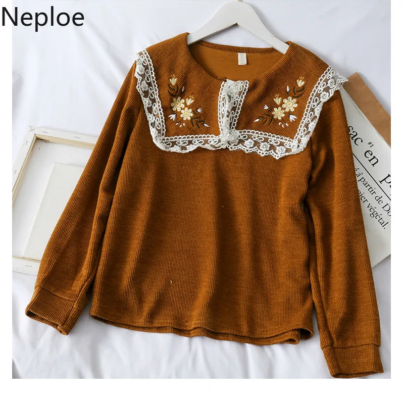 Neploe ретро-кукла воротник кружево лоскутное вышивка цветок вязаный свитер