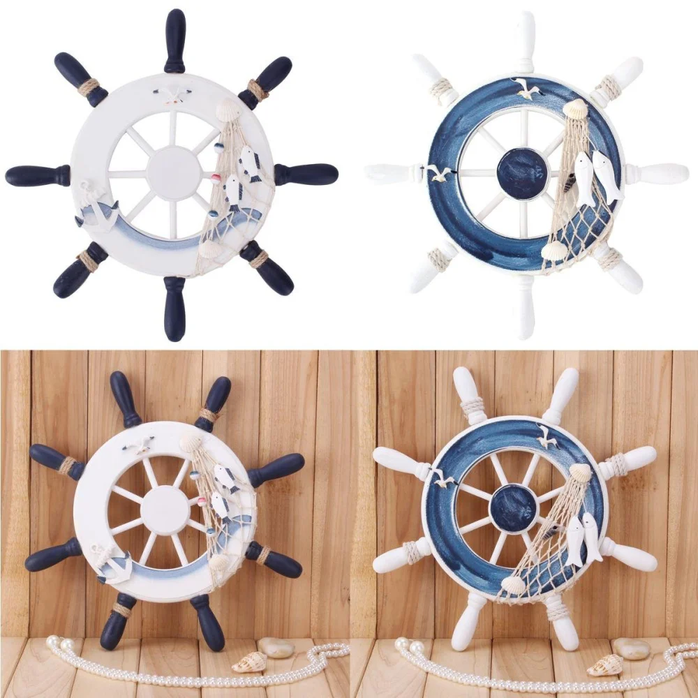 

Wooden 23cm Beach Boat Ship Steering Wheel Fishing Net Home Wall Decoration (Blue)
