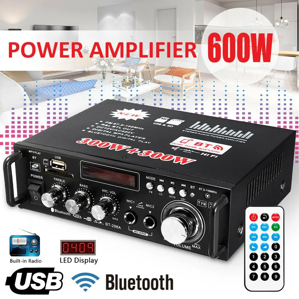 

600W LCD Amplifier HIFI Audio Stereo Bluetooth FM 2CH AMP Car Home USB SD MP3 Player With Remote control function