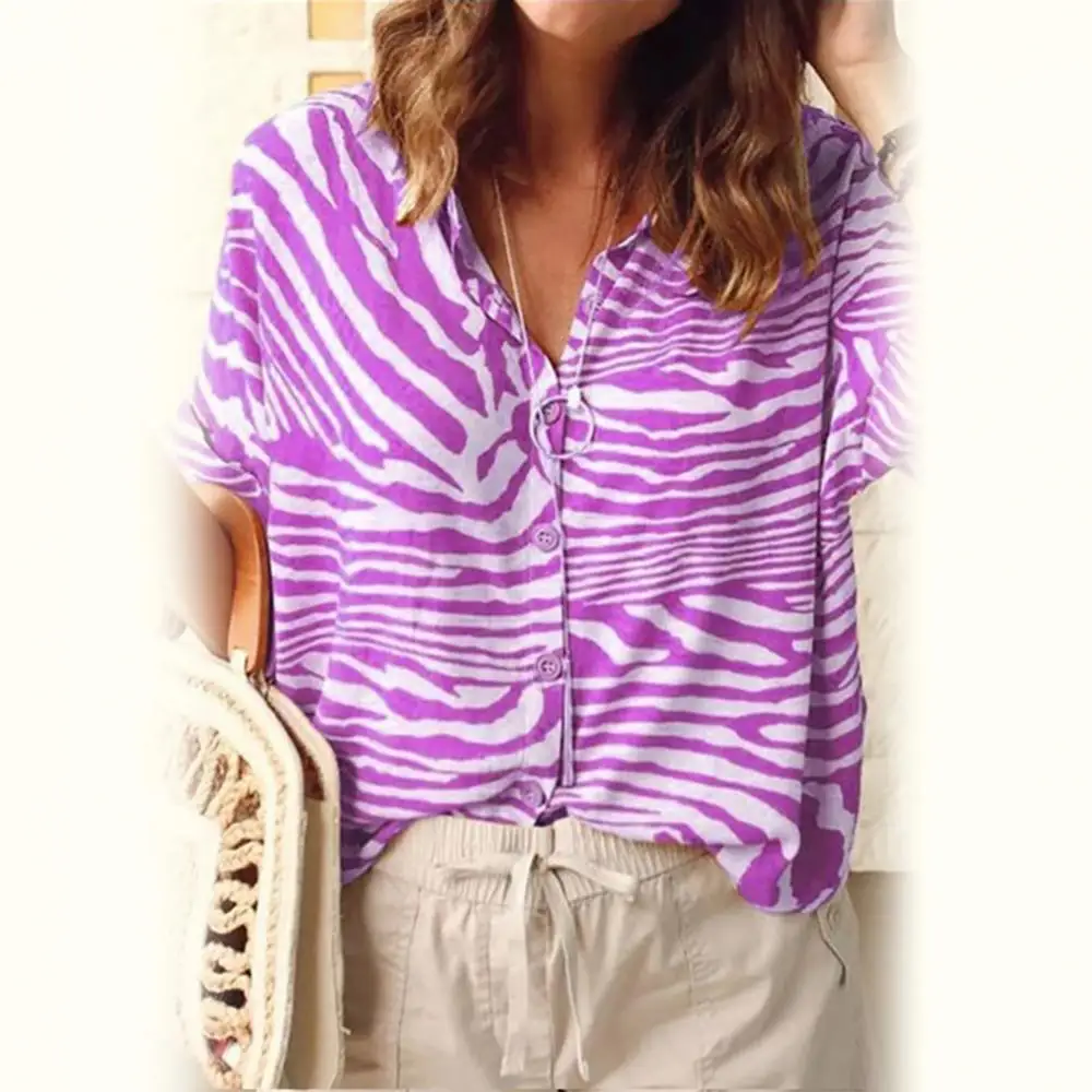 

CHEERART Women Vintage Zebra-Stripe Collar Button Short Sleeve Loose Casual Top Shirt Blouse Shirt Top And Blouse Clothing loki