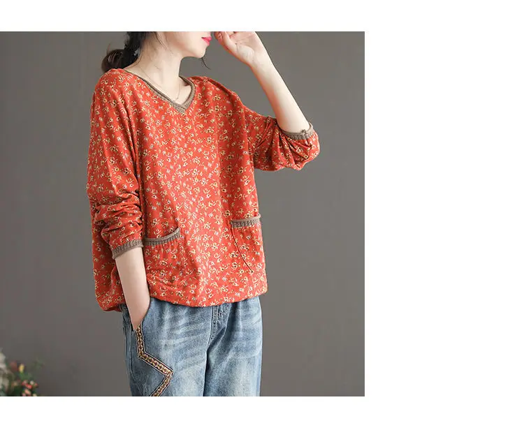 

Summer Pocket print V Neck Vintage T Shirt Women Long Sleeve Shirt Cotton Linen Slim Tees Woman Plus size Casual Ladies Tops