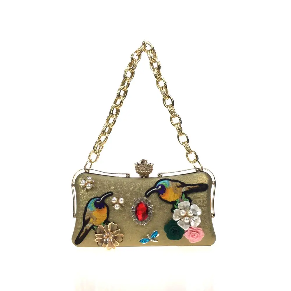 

women New flower evening bag ladies rose leather bird embroidery dinner clutch purse dragonfly diamond female handbag for party